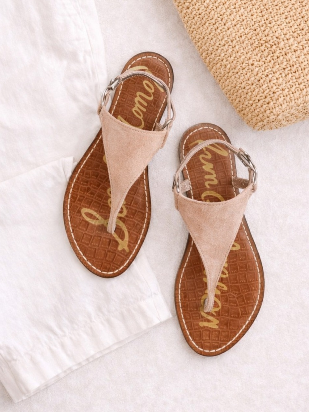 Sam Edelman Beige Suede Thong Sandals with Brown Footbed